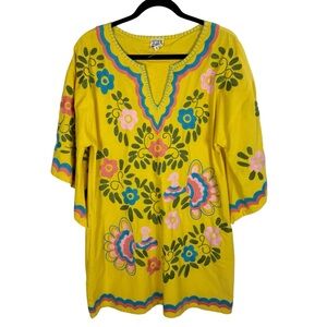 Sister Mary Nina Embroidered Yellow Birds Floral Tunic Dress Sz S